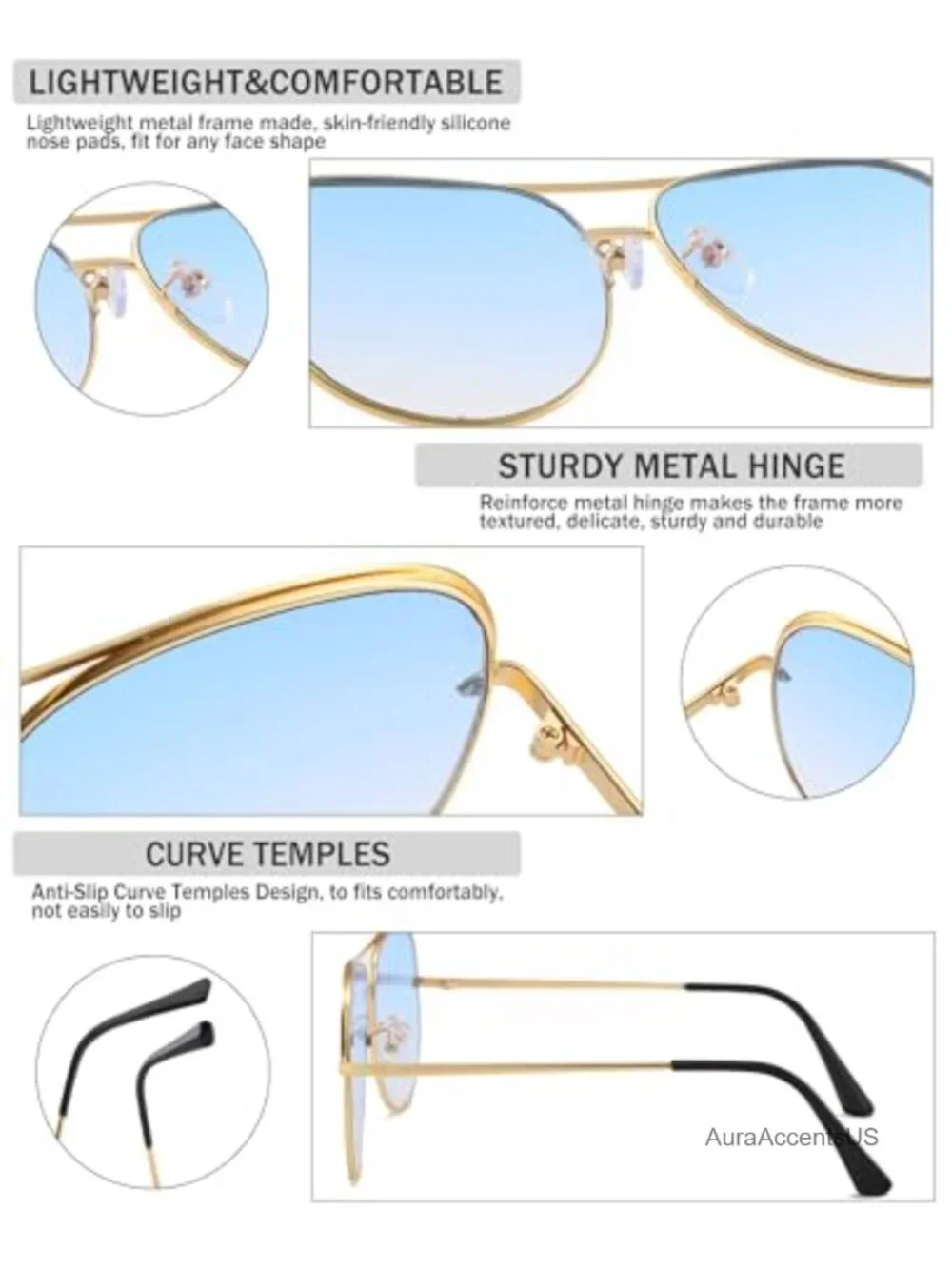 Oversized Pilot Sunglasses Metal Frame UV400 Protection Retro Aviation